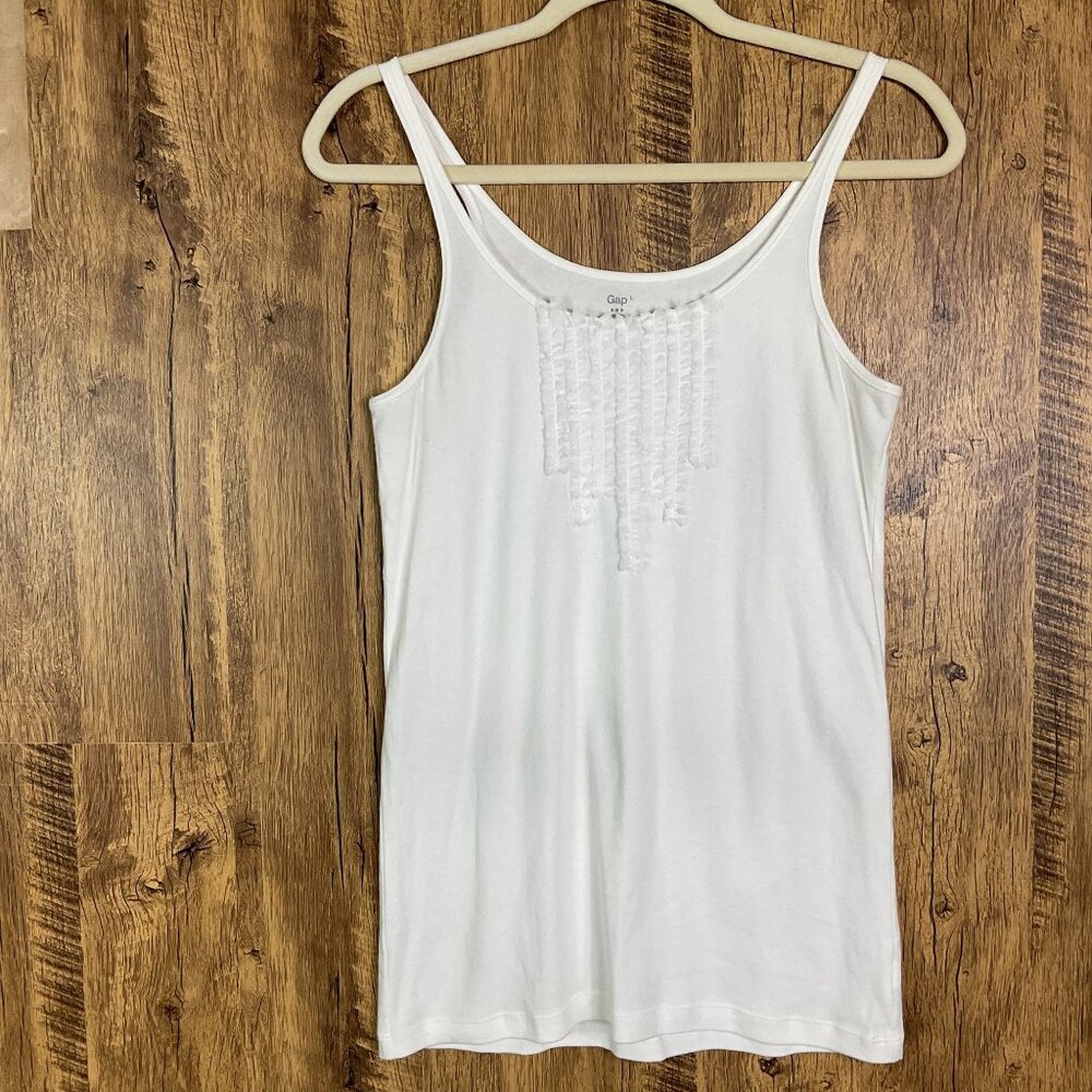 Gap White Tank Top, Cotton & Spandex, Ruffle Detail on the front, large